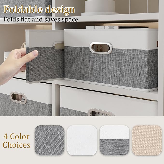 Yawinhe Foldable Storage Baskets for Shelves, Fabric Closet Organizers, Bins with 3 Handles, Cubes for Clothes, White/Grey, 15''Lx9.8''Wx8.3''H, 4-Pack-Ruum Studio Home