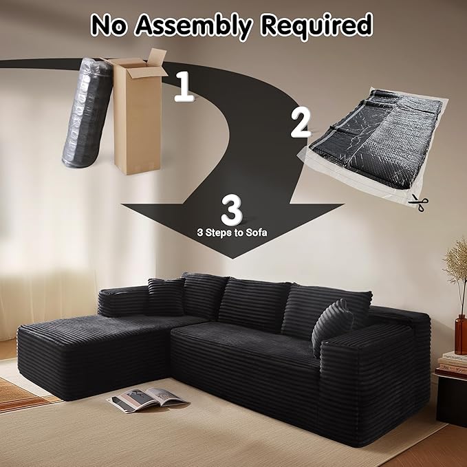 ovios 104" Cloud Sectional Couch with L-Shape Chaise,Modern Modular Sofa with Deep Seat, Upholstered Couches for Living Room Bedroom,No Assembly Required, Black (Plush Corduroy Fabric)-Ruum Studio Home
