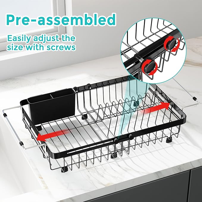 MAJALiS Dish Drying Rack in Sink -Expandable Stainless Steel Over Sink Dish Rack (11.3''-17''), Adjustable Capacity Dish Strainers for Kitchen Sink Counter with Utensil Holder, Black-Ruum Studio Home