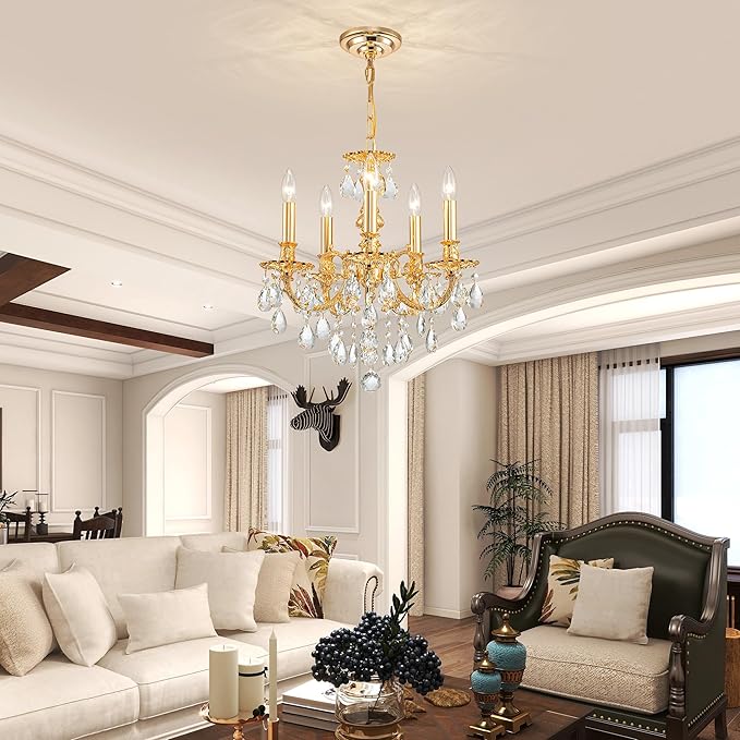 French K9 Crystal Maria Theresa Chandeliers, Luxury Vintage Pendant Light Fixture for Dining Room, Living Room, D17.7*H25~72 inch (Adjustable), Clear Crystal & Brass Finish Frame-Ruum Studio Home