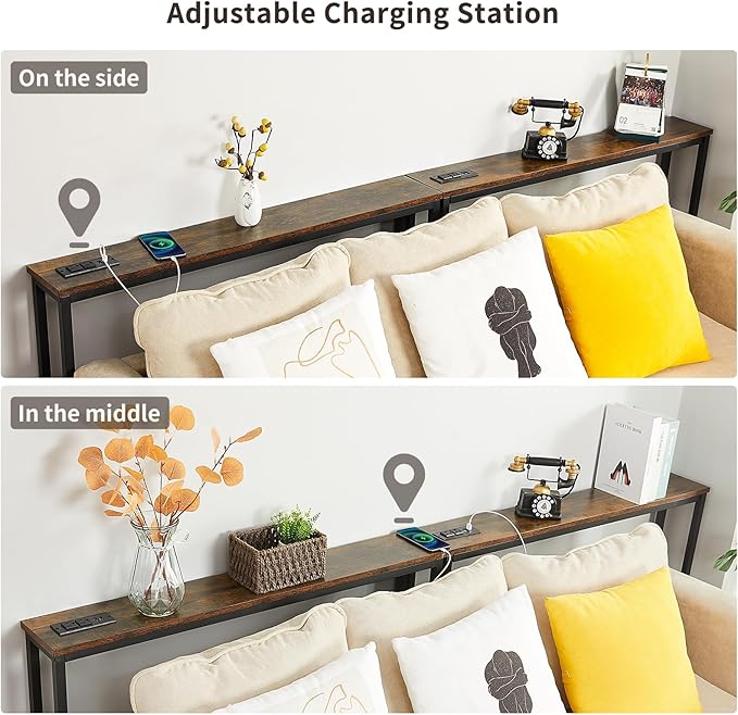 ELYKEN 2 Pack 5.9" Narrow Console Sofa Table with Power Outlets, 5.9" D x 39.4" W x 31.1" H Long Couch Table with Metal Frame and Charge Station with 6.5’ Extension Cord, Rustic Brown-Ruum Studio Home