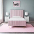 Livinia Twin Size Elton Velvet Platform Bed, Upholstered Bed Frame with Vertical Channel Tufted Headboard Footboard, Strong Wood Slats, No Box Spring Needed, Pink (Twin)-Ruum Studio Home