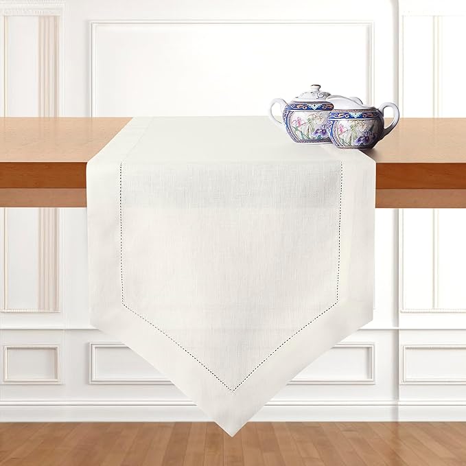 D'Moksha Homes Ivory Linen Table Runner 120 Inches Long - 100% Pure Linen Diamond Table Runner 14 x 120 Inch for Dining, Fall and Halloween - Machine Washable-Ruum Studio Home