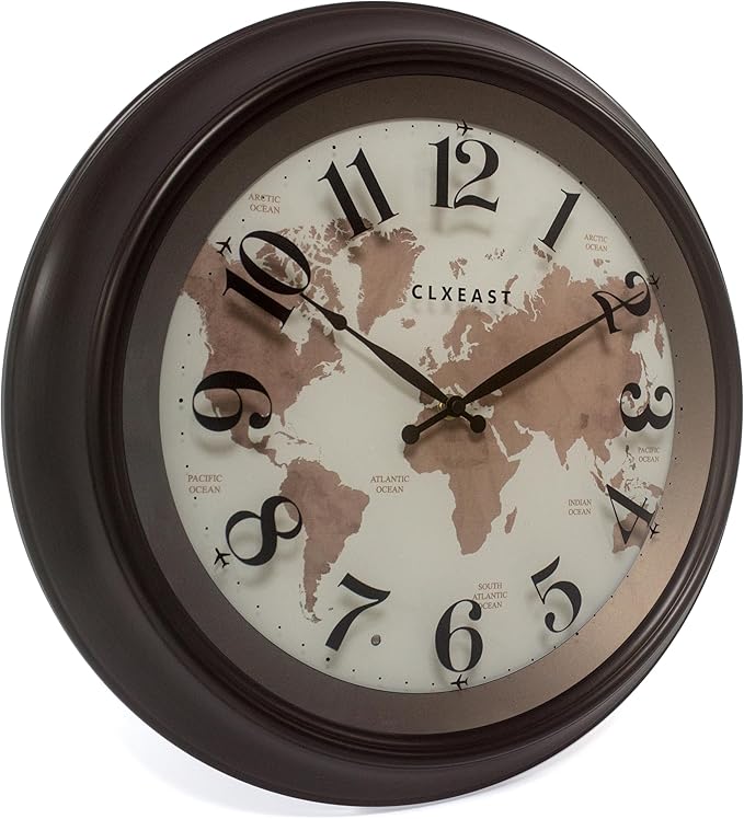 CLXEAST 18 Inch Illuminated Wall Clock with Smart LED Light Sensor, Large Modern World Map Wall Clocks for Living Room Decor,Oil Rubbed Bronze,Unique House Warming Gifts-Ruum Studio Home