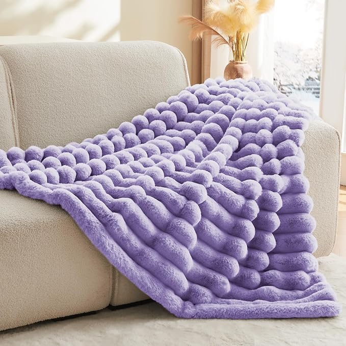 BEDELITE Faux Fur Throw Blanket for Couch, Soft and Cozy Luxurious 3D Striped Fluffy Blanket, 770GSM Thick Warm Plush Fuzzy Faux Rabbit Fur Blanket for Women Gift (Lavender, 50"x 60")-Ruum Studio Home