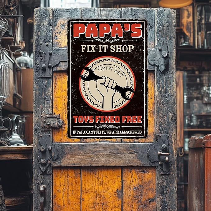 Papas Fix It Shop Metal Tin Signs for Garage Man Cave Decor Funny Papa Gifts - Vintage Tool Shop Papa's Workshop Signs, Father's Day Gifts Decorations 8x12 Inch-Ruum Studio Home