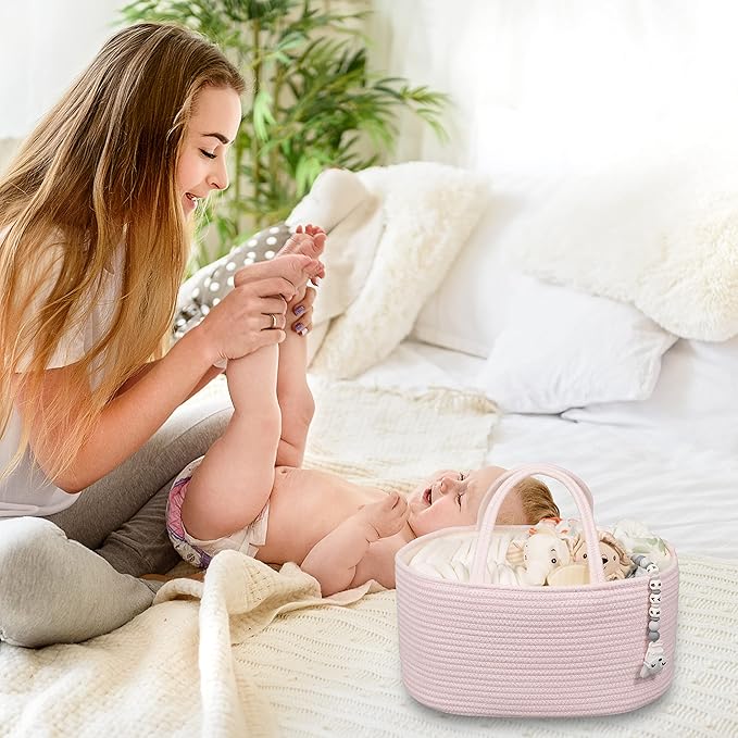 Large Baby Diaper Caddy Organizer for Girl Boy Rope Nursery Storage Bin Basket Portable Holder Tote Bag for Changing Table Car Travel Baby Shower Gifts Newborn Essentials Registry Must Haves Pink-Ruum Studio Home