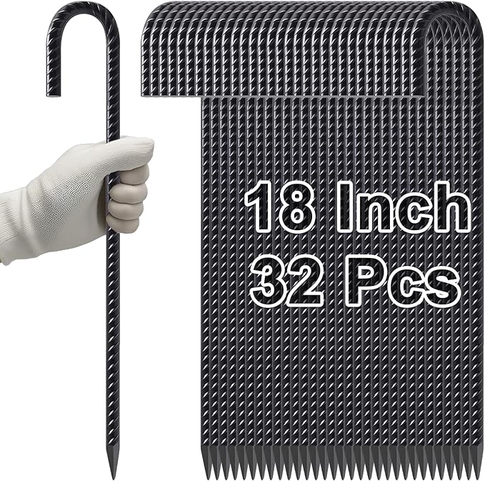 VVOKGO Rebar Stakes 18 Inch J Hook Heavy Duty Ground Anchors (32-Pack), 3/8" Diameter Metal Steel Extra Long Fence Stakes with Chisel Point End for Greenhouse, Gazebo, Carport, Camping Tents, Black-Ruum Studio Home