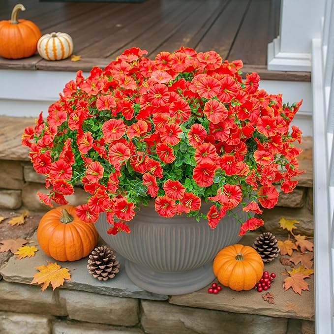 Artificial Fall Flowers Fake Plants for Outdoors Autumn Decoration, 12 Bundles Orange Silk Morning Glory with Eucalyptus Look Real UV Resistant Faux Flowers for Outside Planters Front Door Yard Indoor-Ruum Studio Home