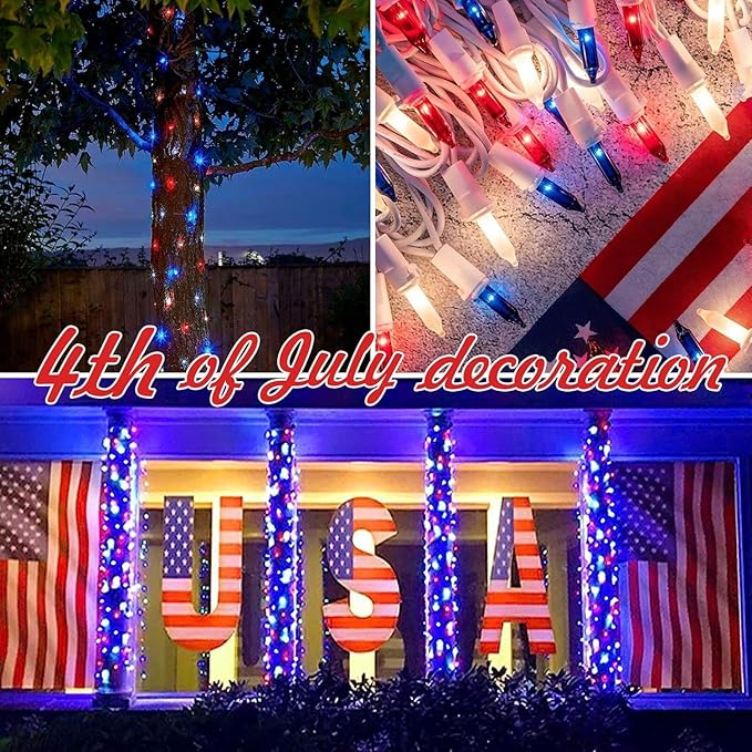 300LIGHTS(2*150L) RED WHITE and BLUE Extra-Bright With End Connectors Christmas Decorative Lights 19.44m UL Certified Mini String Light Set Waterproof for Home Garden Holiday Tree Party Patio-Ruum Studio Home