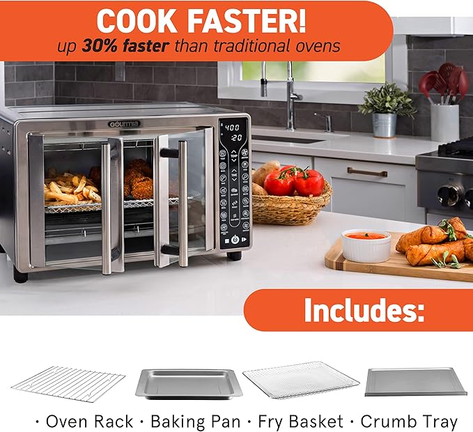 Gourmia Toaster Oven Air Fryer Combo 17 cooking presets 1700W french door digital air fryer oven 24L capacity accessories, convection rack, baking pan tray recipe book GTF7655,Large,Stainless Steel-Ruum Studio Home