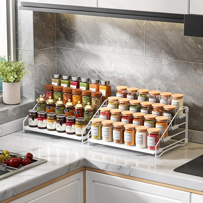 RCHYFEED Spice Rack Organizer for Cabinet,4 Tier Spice Organization for Cabinet Easy Visibility,Tierd Spice Rack Seasoning Organizer for Kitchen Countertop Pantry,Metal(White, 2Pack)-Ruum Studio Home