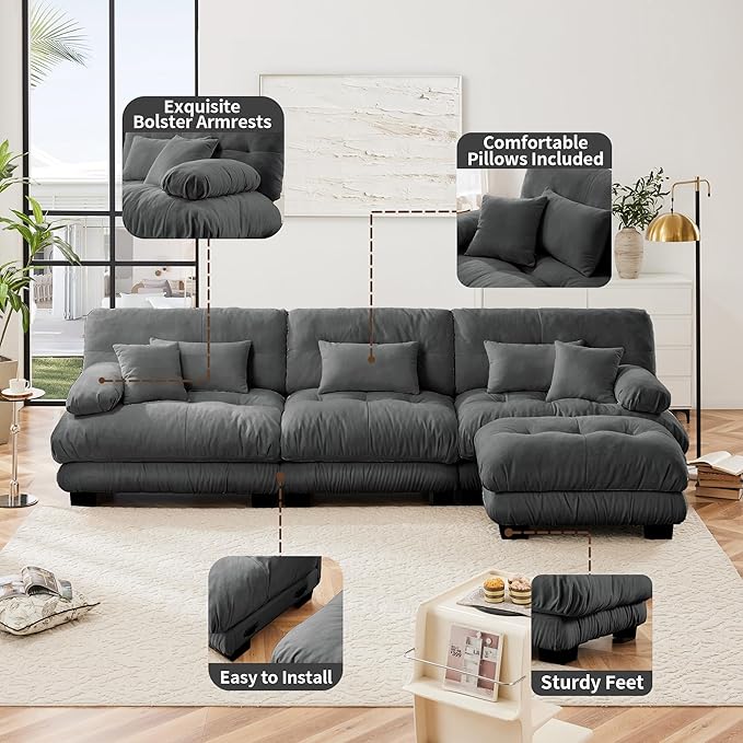 L Shaped Couch Sectional Couch, 3-Seater Cloud Couch Sectional Oversized Couch, Sofa Bed Couch with Round Bolster Armrests 5 Pillows, Modular Couch Home Sofa Living Room Couch(Gray)-Ruum Studio Home