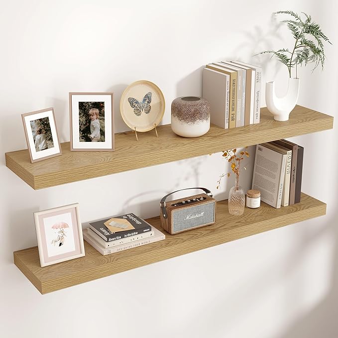 Floating Shelves - 2 Large Wall Mounted Shelves with Invisible Brackets, Long Wood Floating Wall Shelf for Living Room, Bedroom, Kitchen (Oak, 48" W x 9" D x 1.5" H)-Ruum Studio Home