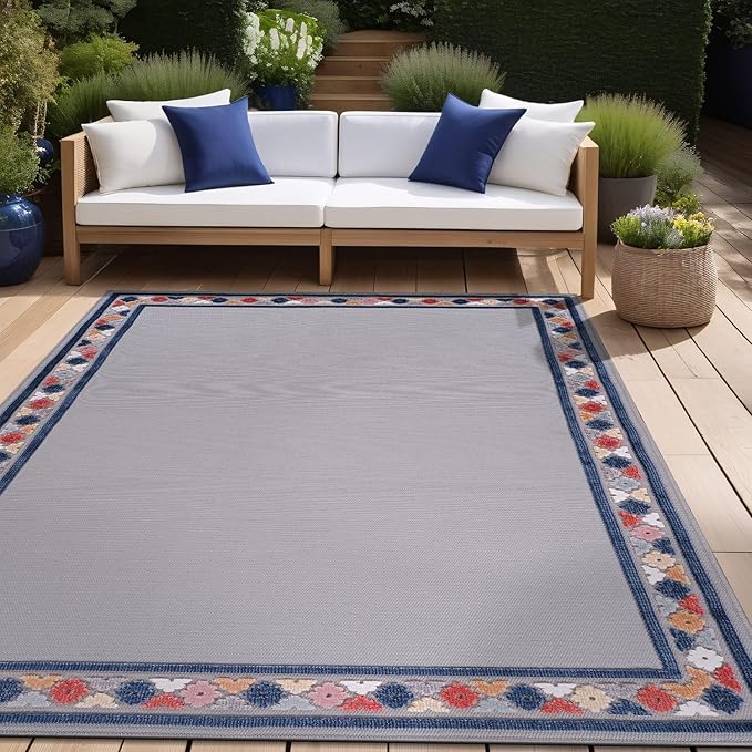 Beverly Rug Outdoor Rug 8x10 Modern Bordered Area Rugs for Indoor and Outdoor Patio Easy to Clean Non Shedding Living Room Porch Garden Washable Outside Carpet (8 x 10 Gray)-Ruum Studio Home