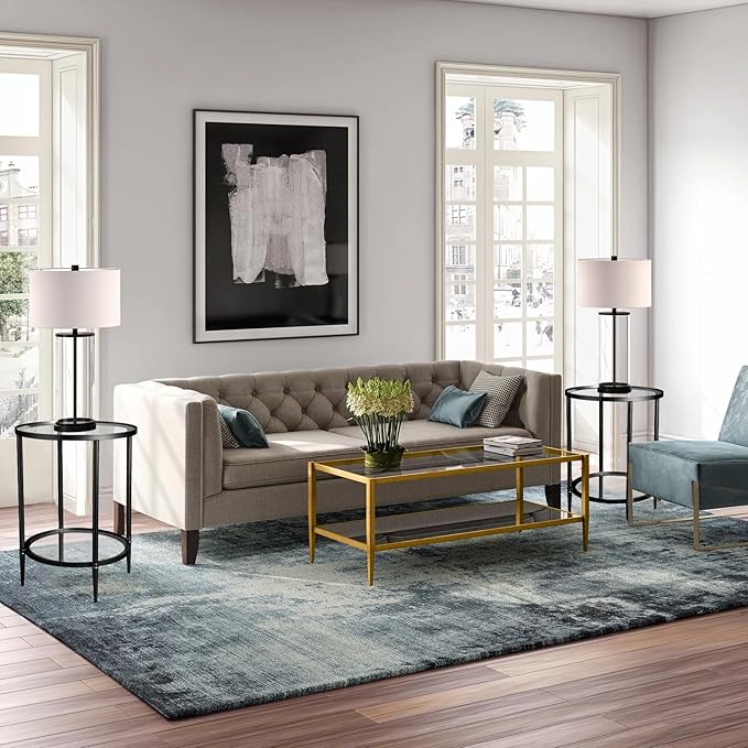 2 Tier Round Side Table, Black End Table with Glass Top, Modern Metal Clear Coffee Table，Small Accent Table for Living Room, Bedroom, 18" x 18" x 24"-Ruum Studio Home