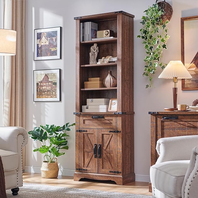 OKD 72'' Tall Bookshelf with Storage, Farmhouse 4 Tier Bookcase w/Barn Door, Adjustable Shelves and Drawers, Rustic Wooden Office Bookshelves for Home, Living Room, Library (Reclaimed Barnwood Color)-Ruum Studio Home