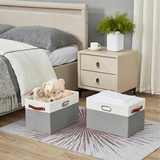 Large Collapsible Fabric Storage Bins with 3 Handles, Foldable Organizer Baskets for Closet, Shelves, Living Room | 3 Pack, Durable PU & Metal Handles (14.9"x9.8"x9.8", Gray & White)-Ruum Studio Home