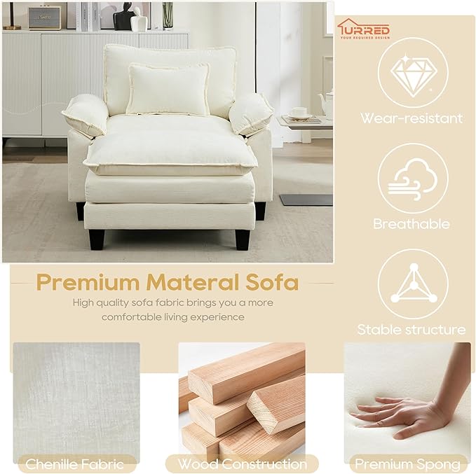 URRED Modular Sectional Sofa Comfy Cloud Couch, Modern Chenille Sofa Sleeper Deep Seat Couches with Ottoman/Pillows for Living Room (White, 53''- Ottoman)-Ruum Studio Home
