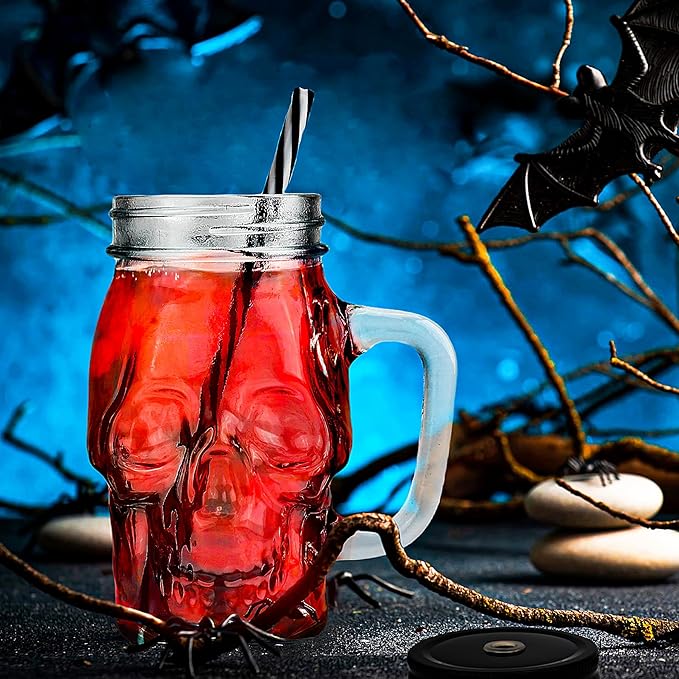 Halloween Cups Set of 4 - Skull Mason Jar with Lids Straws and Handle - Skull Drinking Glasses for Halloween Party Bar Decor (16 oz, Clear)-Ruum Studio Home