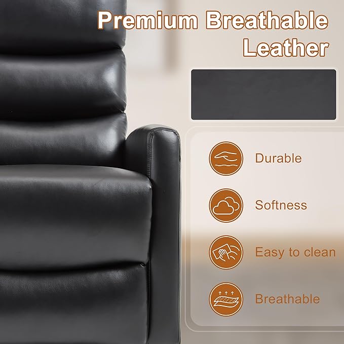 Manual Swivel Rocker Recliner Chair for Adults, Overstuffed Reclining Glider Chair for Nursing with Vibration Massage & Heat, Living Room Rocking Recliner 3-Stage backrest, Faux Leather Black-Ruum Studio Home