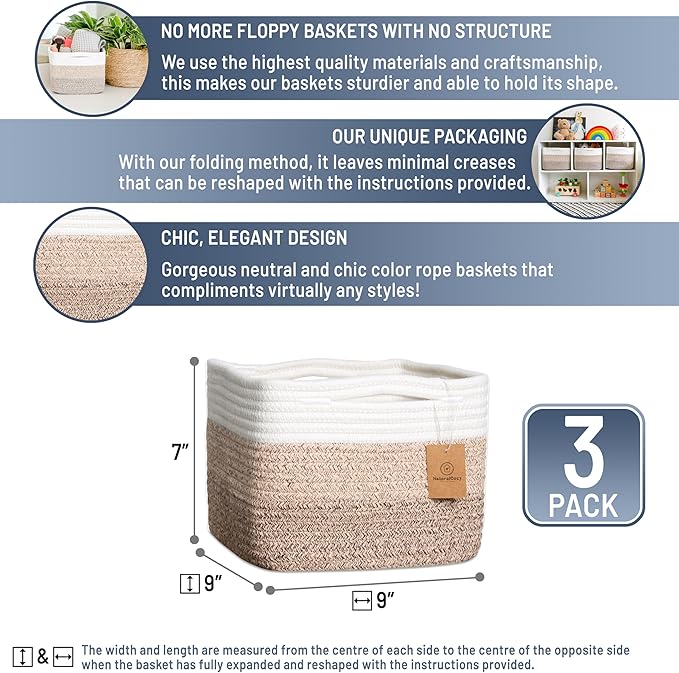 NaturalCozy Storage Cubes 9”x9”x7”Cotton Rope Woven Baskets for Organizing 3-Pack | 9 Inch Cube Storage Bin | Small Basket for Shelf Nursery, Pantry, Decorative Plant, Bathroom Closet, Toy Gift-Ruum Studio Home