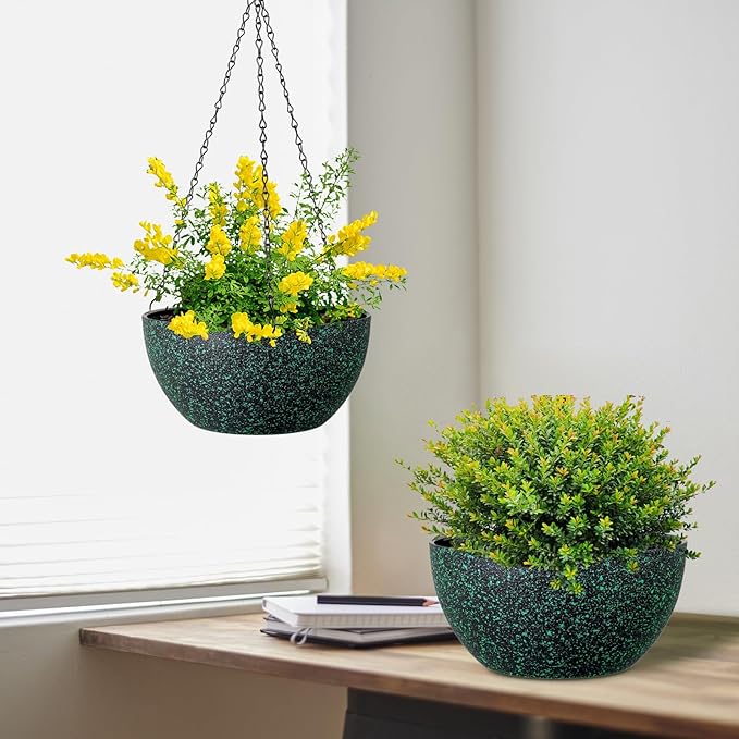8 inch Small Hanging Planters for Indoor Outdoor Plants, 2 Pack Hanging Flower Pots with Drainage Holes and Chain, Plastic Hanging Baskets for House Plants, Black with Green Speckles-Ruum Studio Home