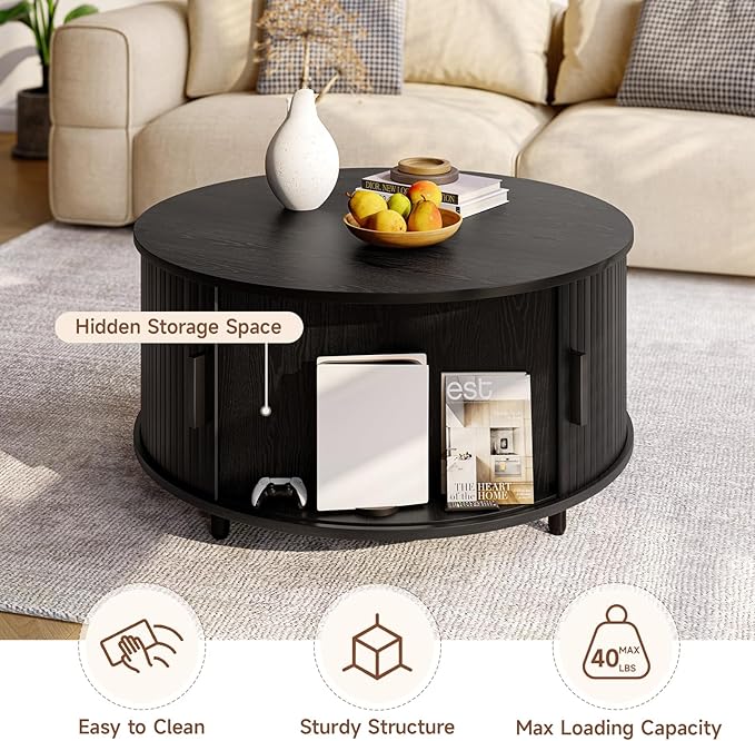 Round Coffee Table with Storage, 31.5" Modern Coffee Table with 360° Curved Sliding Door, Fluted Wood Accent Coffee Table with Adjustable Footpads, Round Center Table for Living Room, Black-Ruum Studio Home