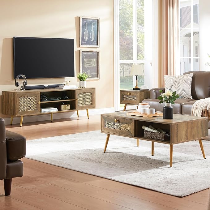 Mid Century Modern TV Stand with Metal Mesh Doors and Open Shelf for Tvs up to 65" Boho Media Console Entertainment Center with Cable Holes for Living Room Rustic Oak 59.06"x15.55"x20.87"-Ruum Studio Home