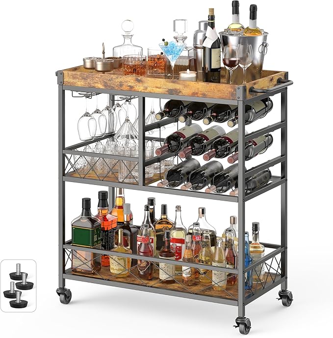Gizoon Bar Cart, 3 Tier Coffee Cart with Lockable Wheels, 12-Bottle Wine Rack, and Hanging Glass Holder, Kitchen Rack with Removable Tray, for Kitchen, Dining Room, Entertaining, Club Party,Retro-Ruum Studio Home