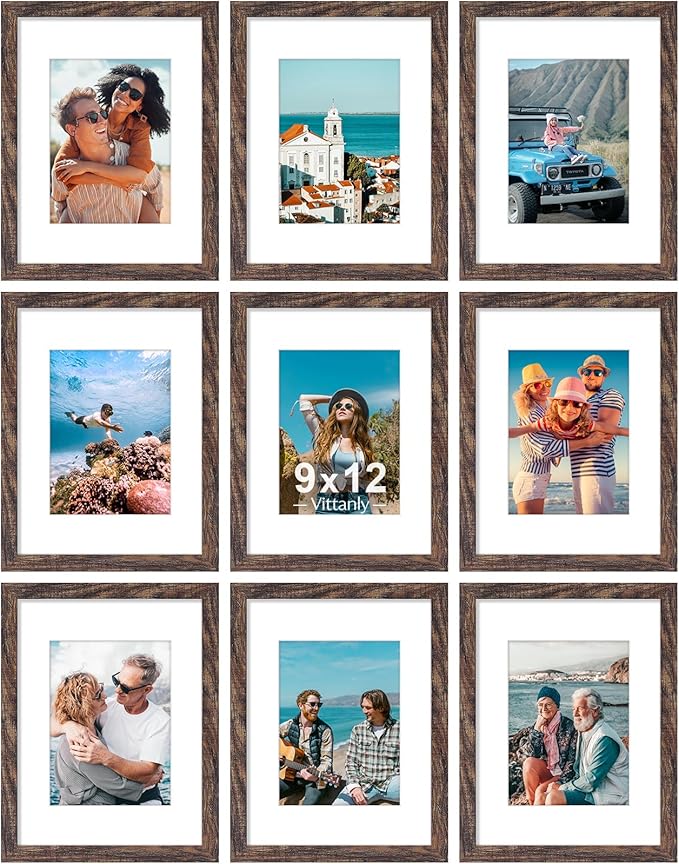 Vittanly 9x12 Picture Frames Set of 9, Shatter Resistant Plexiglass, Display 6x8 Pictures with Mat or 9x12 without Mat, Photo Frames for Wall or Tabletop, Engineered Wood, Brown-Ruum Studio Home