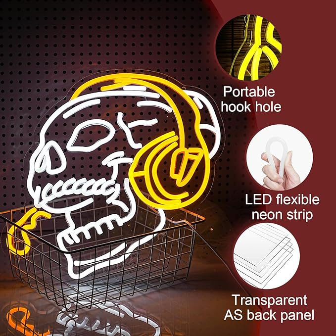 Skull Headphone Neon Sign Headphone Neon Light for Wall Decor LED Dimmable USB Skull Light Up Sign for Halloween Party Game Room Personalized Gifts(12.6 * 16.5In)-Ruum Studio Home
