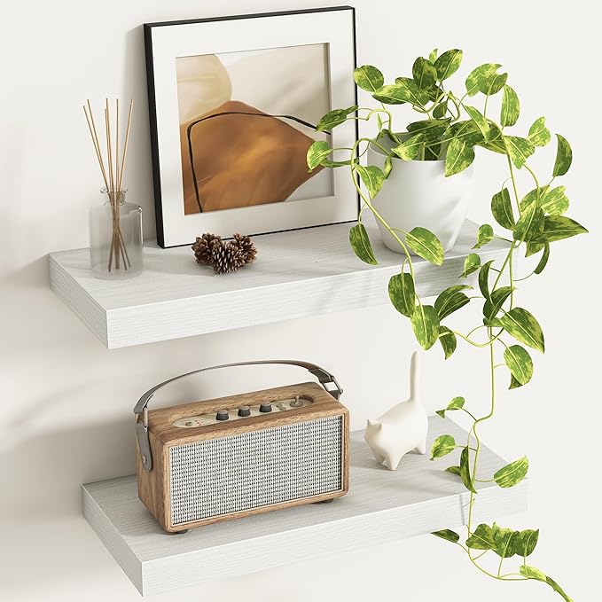 Fun Memories Deep Floating Shelves - 16" W x 9" D x 1.6" H Rustic White Wall Shelf - Wall Mounted Shelves for Storage - Wooden Shelves with Invisible Brackets for Living Room, Farmhouse - Set of 2-Ruum Studio Home
