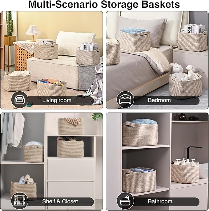 Small Storage Baskets for Shelves Organizing, Woven Cotton Rope Baskets for Storage, Book Basket, Decorative Shelf Basket, 12.5"Lx9.1''Wx7.9''H (4 Packs) Brown-Ruum Studio Home