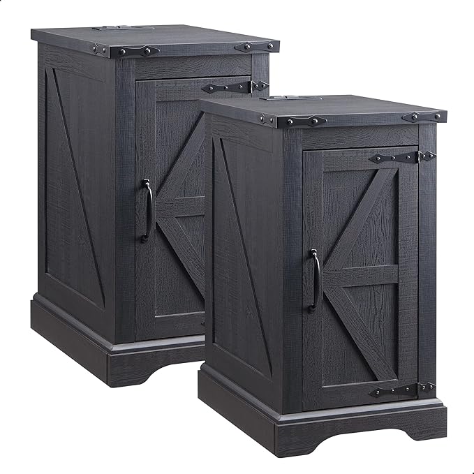 JXQTLINGMU Farmhouse Nightstand Set of 2 with Charging Station, 17" D Rectangular End Table with Barn Door & Adjustable Storage Shelf, Wood Rustic Sofa Side Table for Living Room, Bedroom, Black-Ruum Studio Home