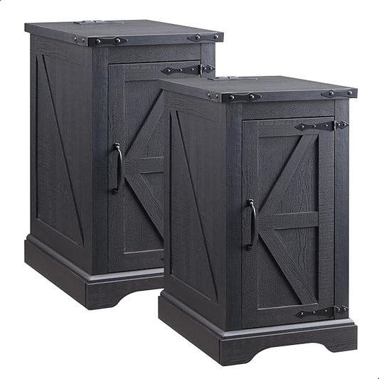 JXQTLINGMU Farmhouse Nightstand Set of 2 with Charging Station, 17" D Rectangular End Table with Barn Door & Adjustable Storage Shelf, Wood Rustic Sofa Side Table for Living Room, Bedroom, Black-Ruum Studio Home