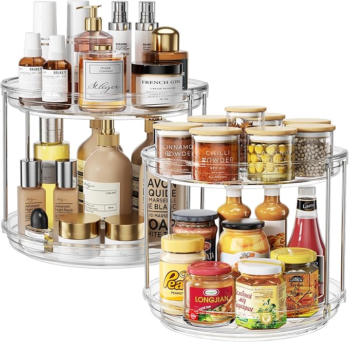 2 Pack 2 Tier Lazy Susan Organizer, 9.25'' Lazy Susan Turntable for Cabinet, Stackable Turntable Organizer Rotating Spice Rack Organization for Kitchen Countertop, Pantry, Bathroom, Clear-Ruum Studio Home