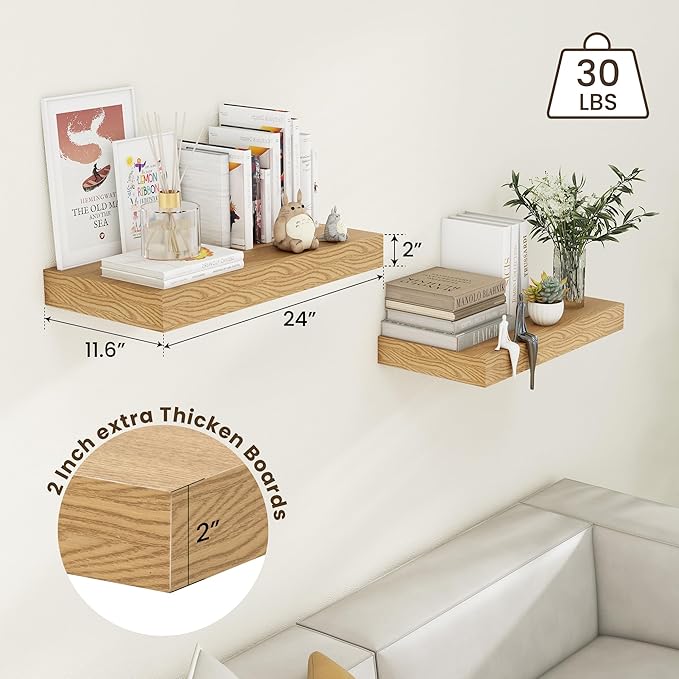 Deep Floating Shelves, 12 Inch Deep Rustic Floating Shelves Set of 2, 24 Inch Large Oak Wood Wall Mounted Shelves for Books Living Room Laundry Room Bedroom Kitchen Home Office - Oak-Ruum Studio Home