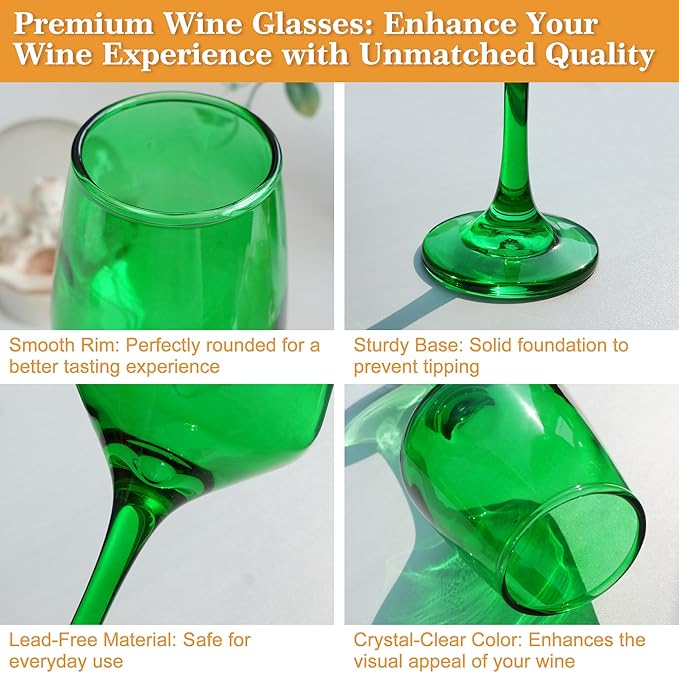 Green Wine Glasses Set of 6-14oz Long Stem Wine Glass, Pretty Crystal Glassware, Hand Blown Goblets Drinkware, Unique Stemware Wine Glass Holiday Gift Set-Ruum Studio Home