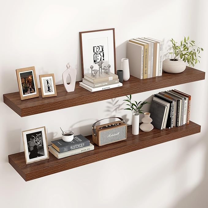 Floating Shelves - 2 Large Wall Mounted Shelves with Invisible Brackets, Long Walnut Wood Floating Wall Shelf for Living Room, Bedroom, Kitchen (48" W x 9" D x 1.5" H)-Ruum Studio Home
