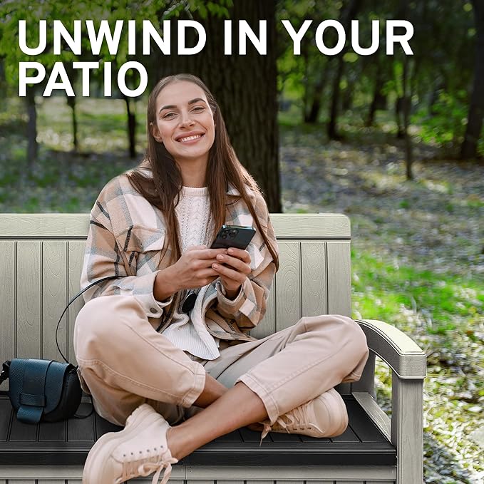 EconoHome 2 Seat Outdoor Storage Bench with Rain Cover - 60 Gallon Capacity - Weatherproof Resin Bench for Patio, Porch, Garden, Yard, Pool Area - Furniture for Pool Accessories, Gardening Tools-Ruum Studio Home
