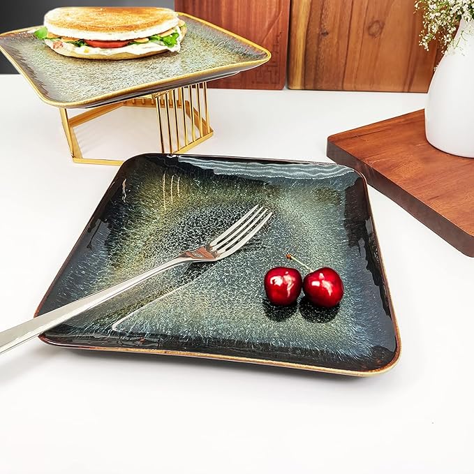Ceramic Dinner Plates Dish Set, Set of 4, Microwave Oven and Dishwasher Safe, Scratch Resistant, Dinnerware Kitchen Porcelain Serving Dishes 9 inch Square plate-Ruum Studio Home