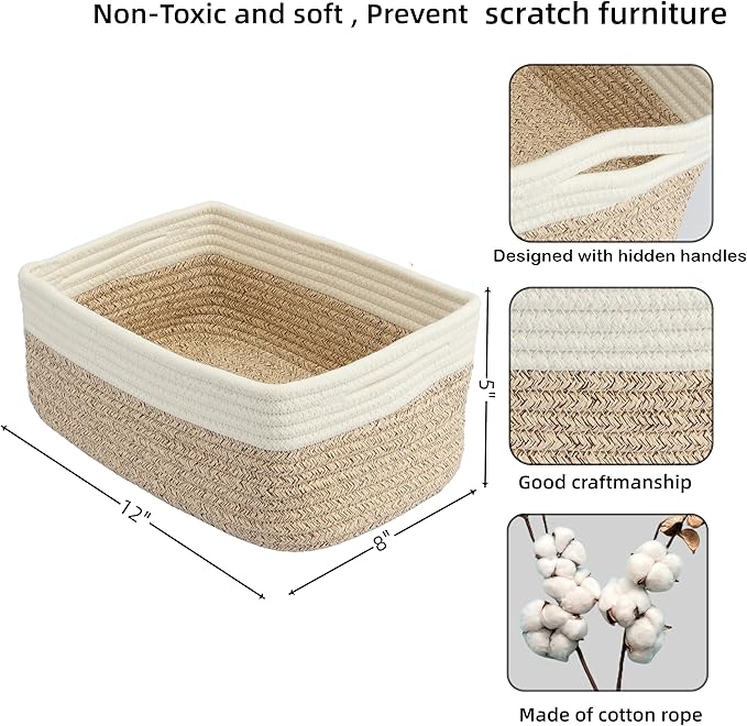 Small Woven Storage Baskets 12“X8”X5“ Decorative Rope Bins for Organizing Shelves, Closets, and Toys, Empty Gift Baskets, Cute Organizer Basket for Home and Office (white and brown regular)-Ruum Studio Home