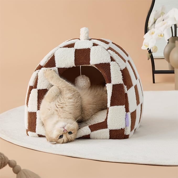 Lesure Cute Cat Beds for Indoor Cats - 2 in 1 Cat Cave Bed for Large Cats, House with Removable Washable Cushioned Pillow, Cozy Tent House with Non-Slip Bottom, Brown, 17.3 inches-Ruum Studio Home