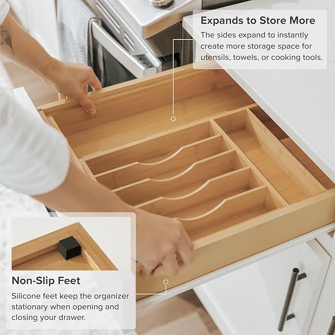 Premium Silverware, Flatware and Utensil Organizer for Kitchen Drawers, Food-Safe Contract Grade, Expandable from 10.5 to 19 In, Natural Bamboo-Ruum Studio Home