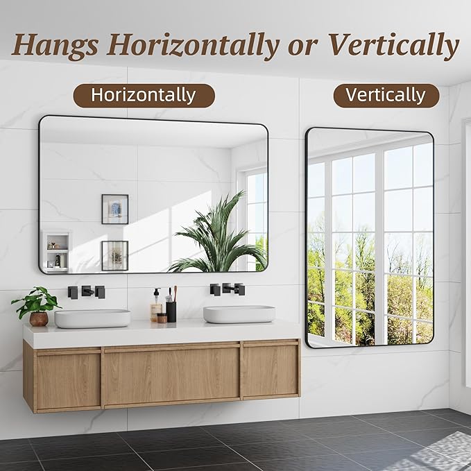 Bathroom Mirror 55" x 36", Large Rectangle Wall Mirror, Black Metal Frame Wall Mounted Mirrors for Bathroom, Vanity, Bedroom, Entryway Decor(Horizontal/Vertical)-Ruum Studio Home