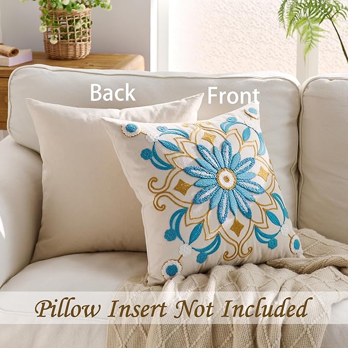 Embroidered Throw Pillow Cover 18x18 Classic Boho Floral Pattern Pillows Cover Outdoor Decorative Pillowcase,Durable Cozy Textured Cushion Case for Sofa Couch Bed Living Room,Teal-Ruum Studio Home