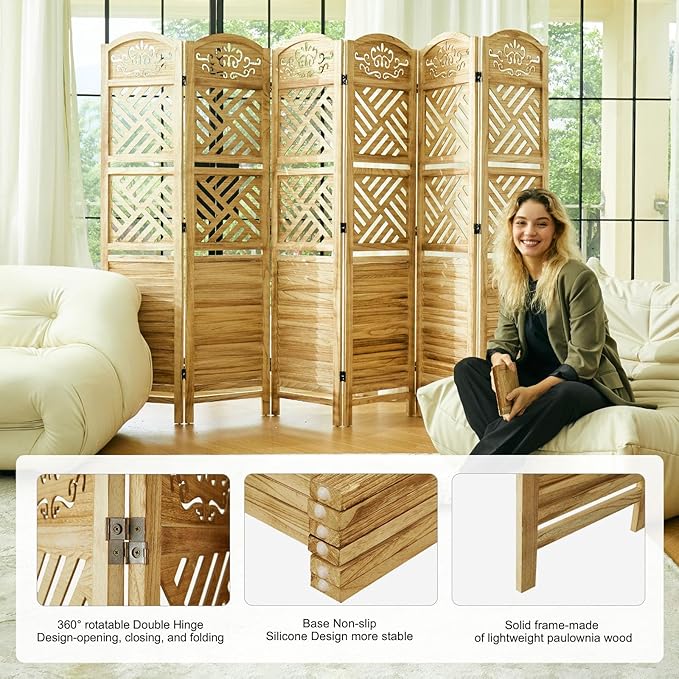 Room Divider with Shelves, 68.9inch Wood Carved and Louvered Wall Divider Freestanding, 6 Panels Folding Partition Screen for Bedroom Home Office (Natural)-Ruum Studio Home