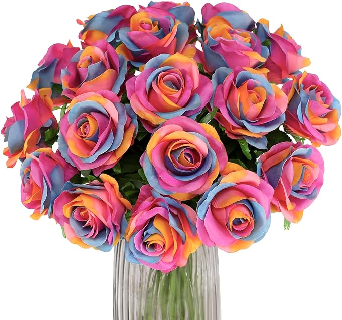 Rainbow Fake Roses Artificial Flowers - 10 Pcs Fake Artificial Roses Silk Flowers with Stems for Home Wedding Hotel Office Centerpiece Decor（Rainbow）-Ruum Studio Home