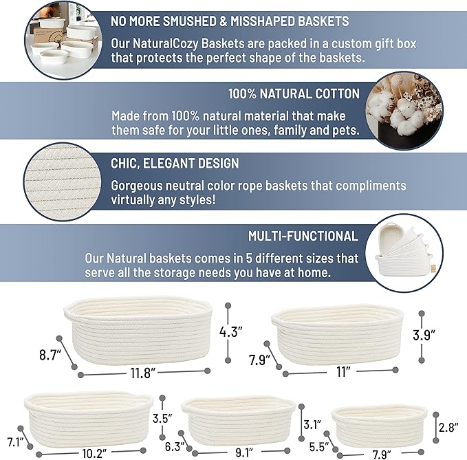 NaturalCozy 5-Piece Rectangle Storage Basket Set- Natural Cotton Rope Woven for Organizing! Small Basket for Montessori, Baby Nursery, Dog Toy Baskets, Cat Toy Box, Bathroom Organization Bin-Ruum Studio Home